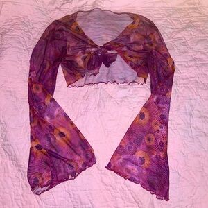 SOLD- gorgeous purple & orange, floral mesh long sleeve crop top 🍇